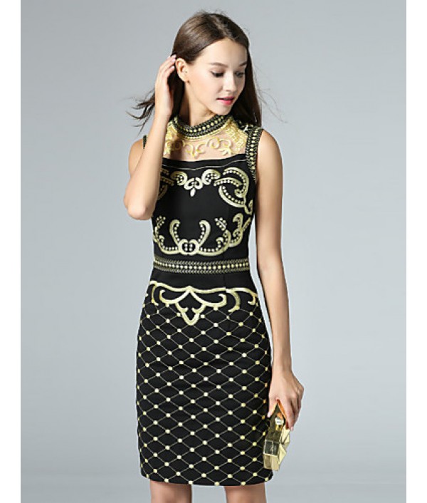  Women‘s Casual/Daily Sexy Shift Dress,Embroidered Crew Neck Above Knee Sleeveless Polyester Summer