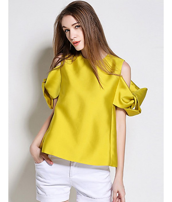  Women‘s Going out Simple Summer BlouseSolid Crew Neck Short Sleeve Yellow Polyester Medium