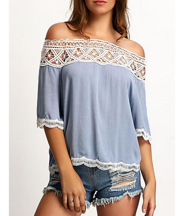 Women's Going out Simple Summer Blouse Patchwork Lace Hollow Out Boat Neck ? Length Sleeve