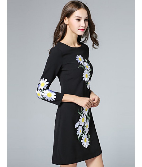 Boutique S Women's Casual/Daily Vintage Shift Dress,Embroidered Round Neck Above Knee Long Sleeve Polyester Fall