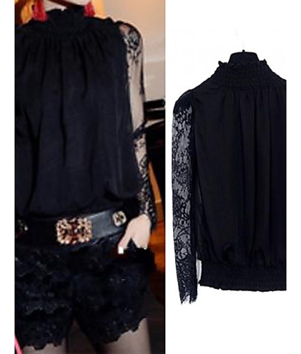 Women's Going out Sexy All Seasons Blouse,Solid Stand Long Sleeve Black Medium / Opaque