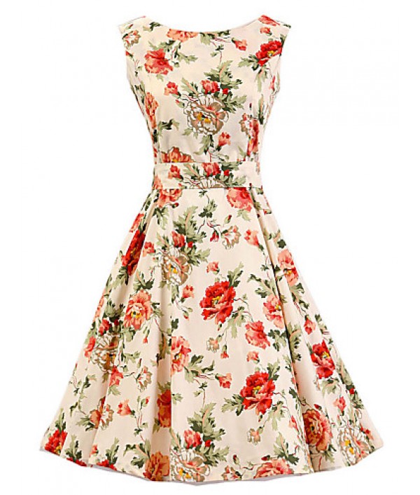 Women's Cream Floral Dress , Vintage Sle...