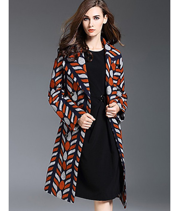 Women's Plus Size / Casual/Daily Simple Trench Coat,Color Block Notch Lapel Long Sleeve Fall / Winter Orange Wool / Acrylic / Polyester