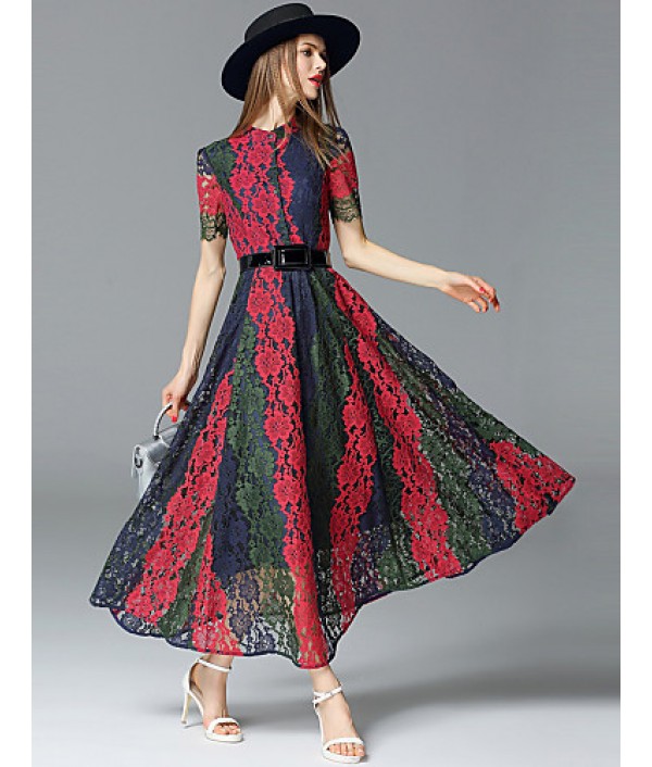  Women‘s Going out Sophisticated Lace DressColor Block Stand Maxi Short Sleeve Summer Mid Rise