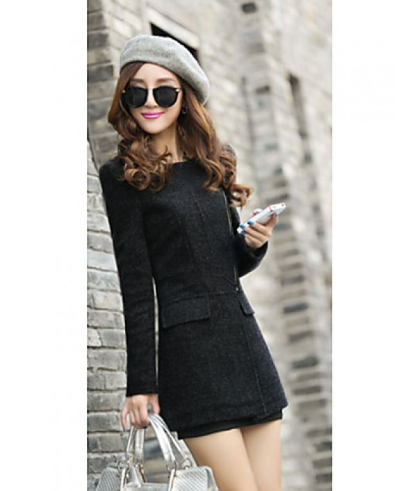 Women's Sexy Coat,Solid V Neck Long Sleeve Fall Black / Gray Wool / Cotton / Others Thick