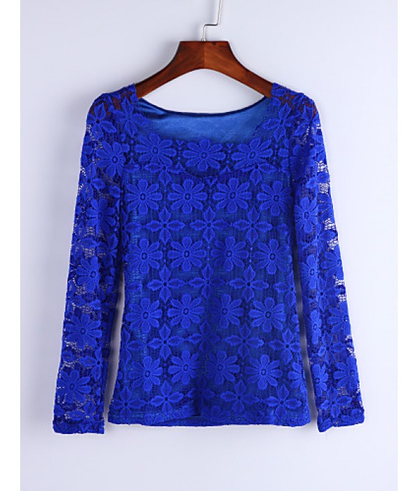 Women's Casual/Daily Sexy / Simple Spring / Fall / Winter T-shirt,Solid U Neck Long SleeveBlue / Pink / Red / White / Beige / Black /