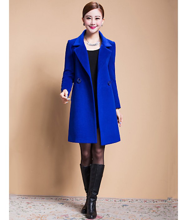 Women's Solid Blue / Black / Yellow Casual Loose Long Woolen Overcoat , Work / Plus Sizes Long Sleeve Wool