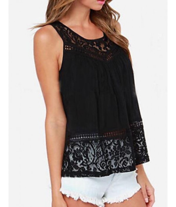 Women's Patchwork Hollow Out Lace Plus Size Vest , Round Neck Sleeveless