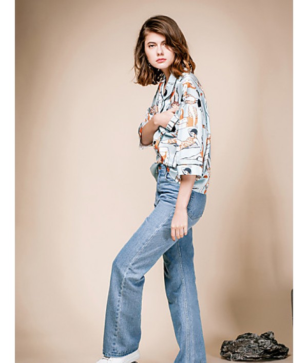 LIANGSANSHIWomen‘s Casual/Daily Street chic Summer Shirt,Print Shirt Collar ? Sleeve Blue Polyester / Others Thin