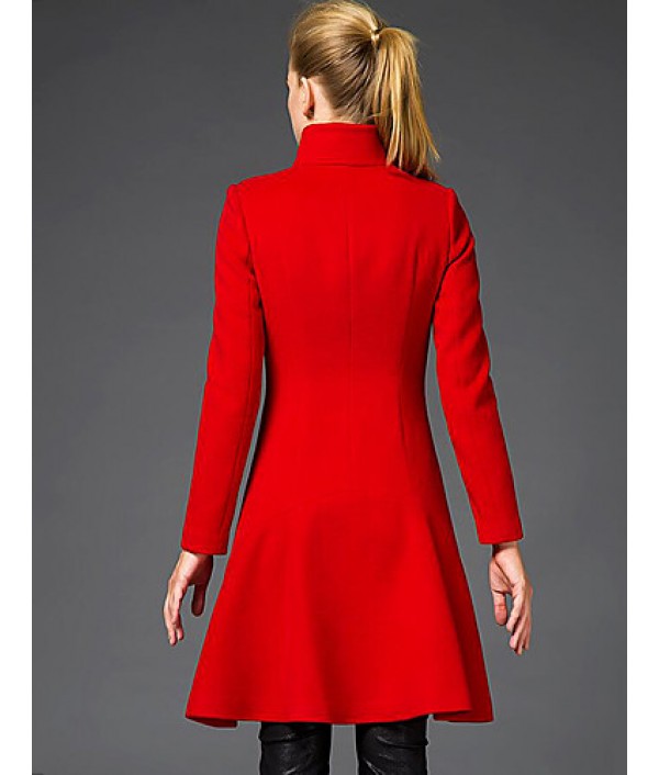 Women's Going out Sophisticated Coat,Solid Stand Long Sleeve Winter Red / Black Wool Medium