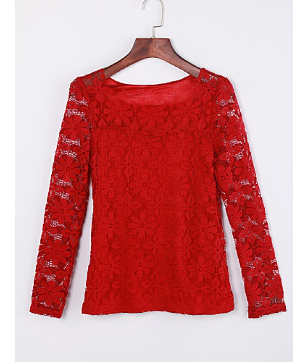 Women's Casual/Daily Sexy / Simple Spring / Fall / Winter T-shirt,Solid U Neck Long SleeveBlue / Pink / Red / White / Beige / Black /