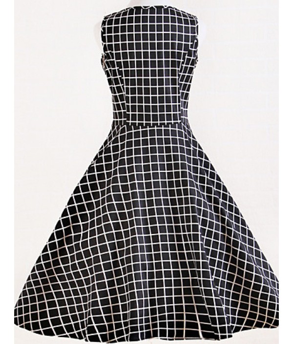 Women's Vintage Cotton Plaid Beam Waist Sleeveless Swing Dress