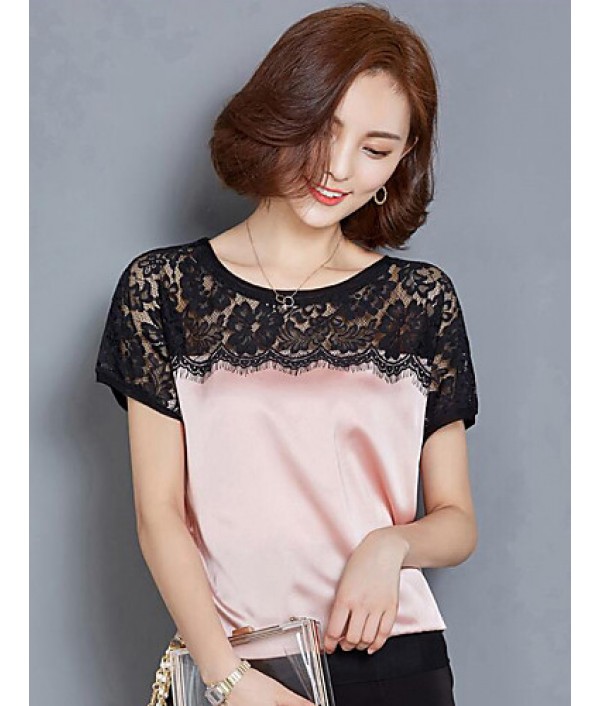 Women's Casual/Daily Plus Size / Street chic Summer Blouse,Color Block Round Neck Short Sleeve Pink / White / Black Silk Thin