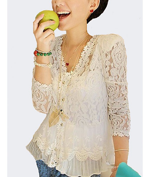 Women's Going out Sexy Spring / Summer / FallSolid V Neck Long Sleeve White Polyester Thin