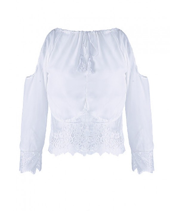 Women's Beach/Casual Lace Hem Long Sleeve Short T-shirt