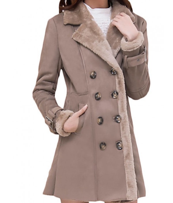 Women's Plus Size Simple Fur Coat,Solid Shirt Collar Long Sleeve Winter Brown Wool Thick