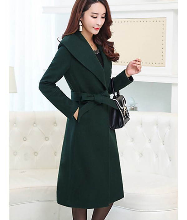 Women's Plus Size Simple CoatSolid Notch Lapel Long Sleeve Fall / Winter Red / Gray / Green Wool / Polyester Thick