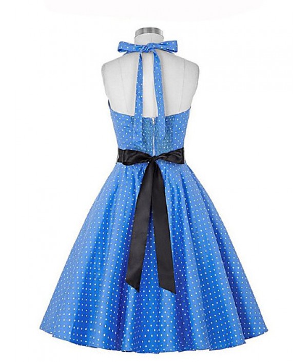 Women's Going out Vintage A Line Dress,Polka Dot Halter Knee-length Sleeveless Blue / Black Polyester Summer