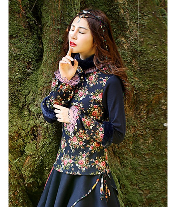 Our StoryGoing out Vintage Spring / Fall T-shirtFloral Crew Neck Long Sleeve Blue Cotton / Polyester / Spandex Medium